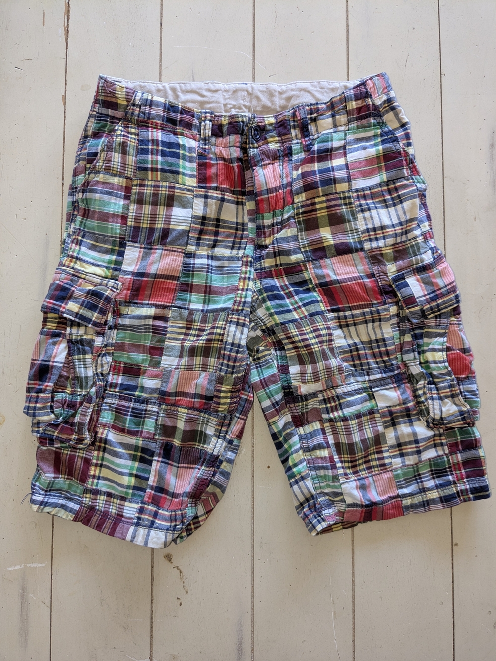 BOYS GAP PATCHWORK MADRAS PLAID CARGO SHORTS - SIZE 14 HUSKY